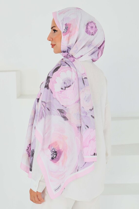 Desenli Bambu Kare Şal Pudra - 27523 - 4