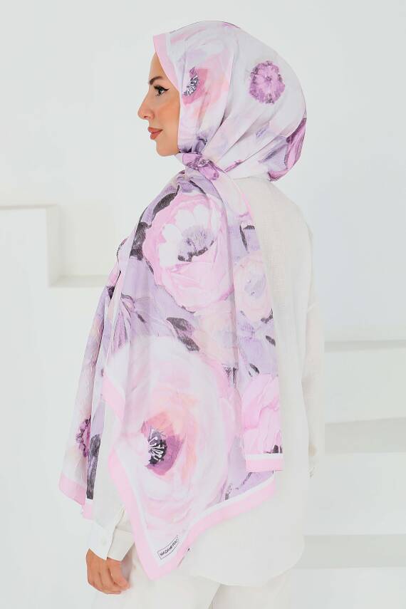 Desenli Bambu Kare Şal Pudra - 27523 - 4