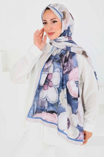 Desenli Bambu Kare Şal Saks - 27523 - 2
