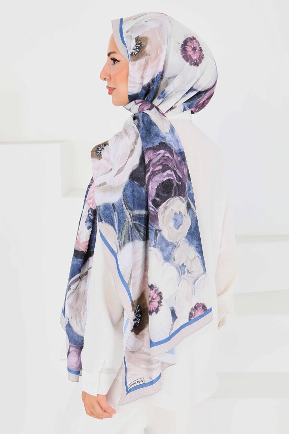 Desenli Bambu Kare Şal Saks - 27523 - 3