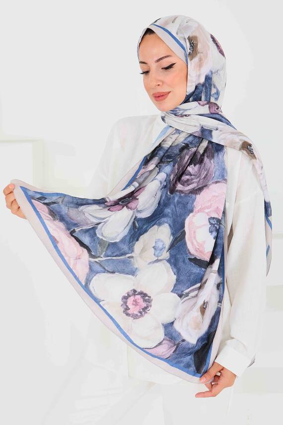 Desenli Bambu Kare Şal Saks - 27523 - 1