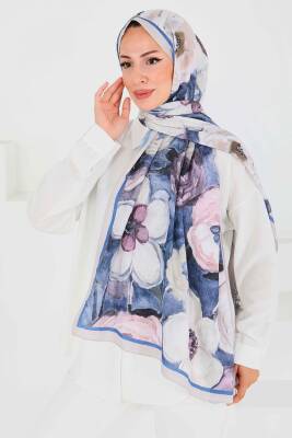 Desenli Bambu Kare Şal Saks - 27523 - 2