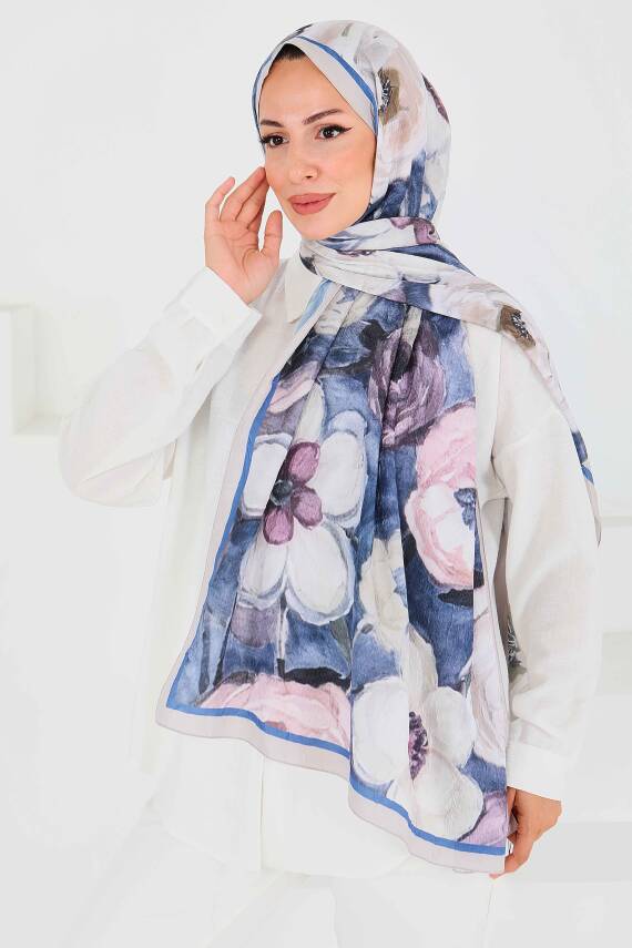 Desenli Bambu Kare Şal Saks - 27523 - 2