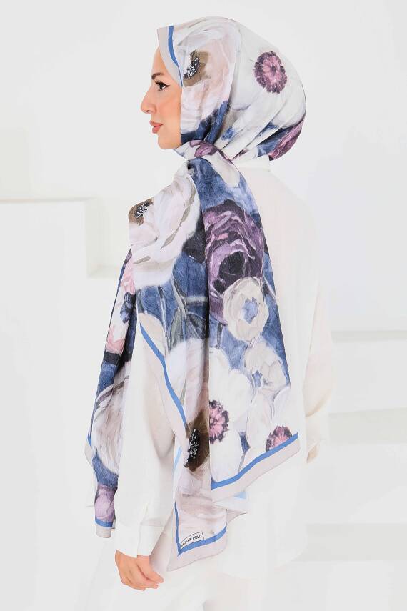 Desenli Bambu Kare Şal Saks - 27523 - 3