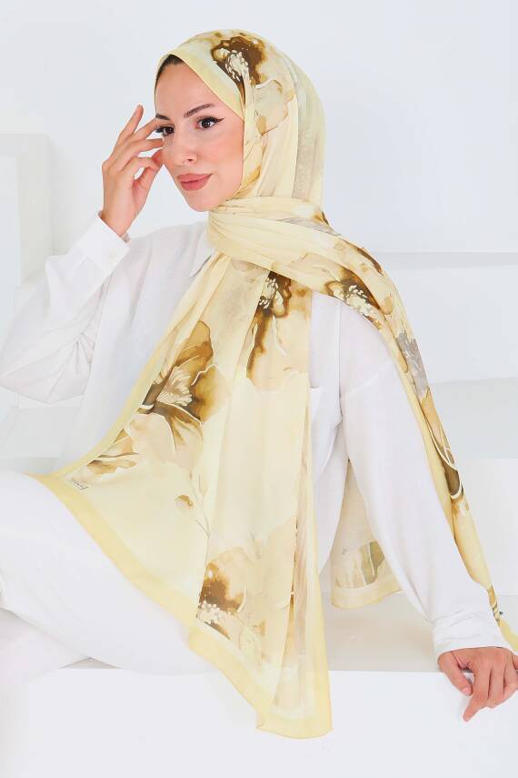 Desenli Bambu Kare Şal Sari - 27526 - 3