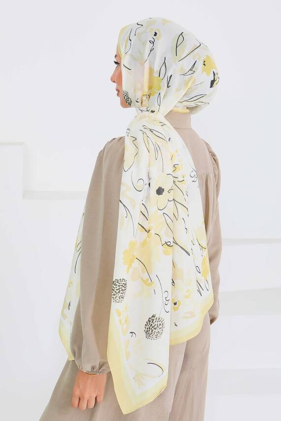 Desenli Bambu Kare Şal Sari - 27535 - 4