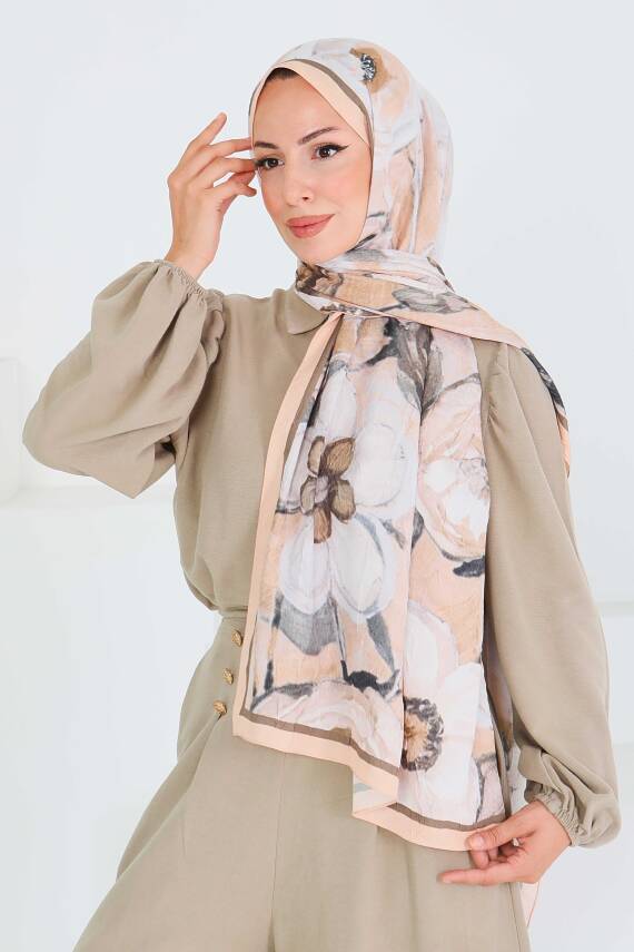 Desenli Bambu Kare Şal Somon - 27523 - 1