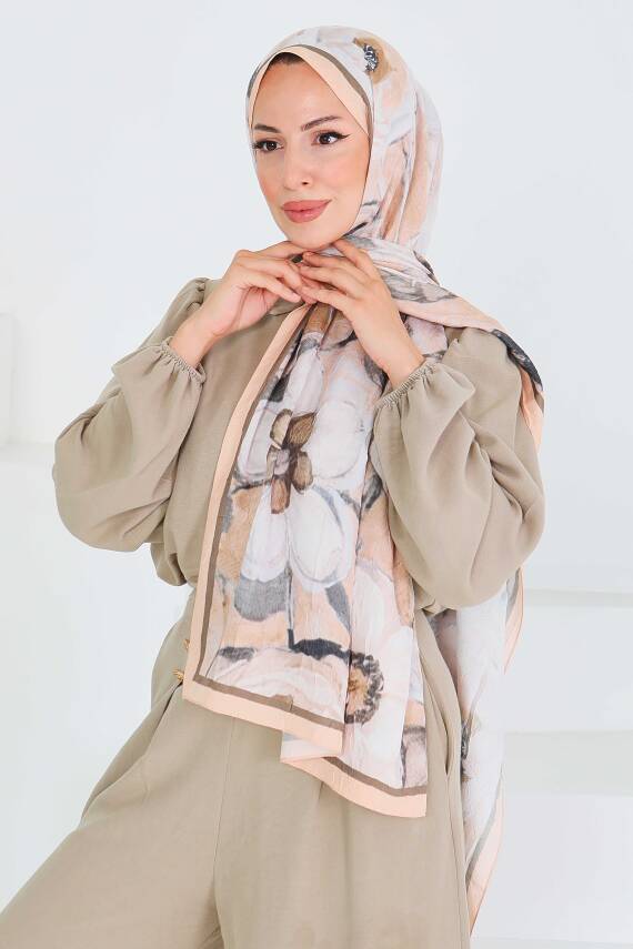 Desenli Bambu Kare Şal Somon - 27523 - 2
