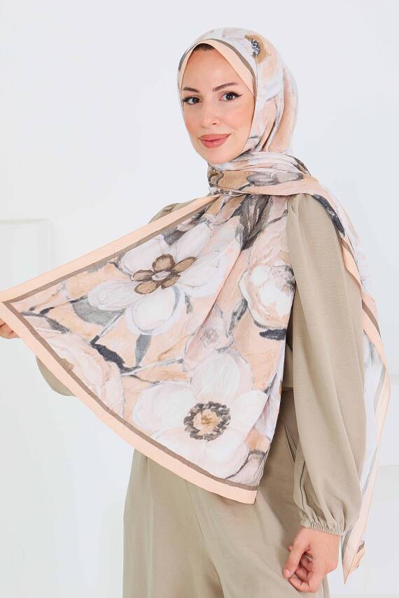 Desenli Bambu Kare Şal Somon - 27523 - 3