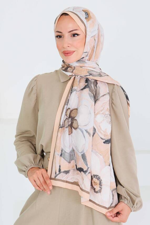 Desenli Bambu Kare Şal Somon - 27523 - 4