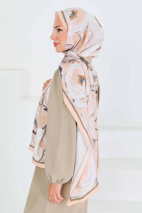 Desenli Bambu Kare Şal Somon - 27523 - 5