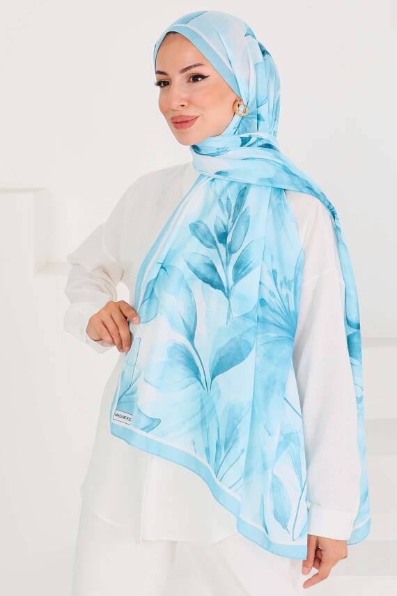 Desenli Bambu Kare Şal Su Mavisi - 27525 - 4