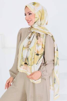 Desenli Bambu Kare Şal Yağ Yeşili - 27523 - 3