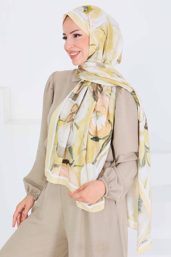 Desenli Bambu Kare Şal Yağ Yeşili - 27523 - 3