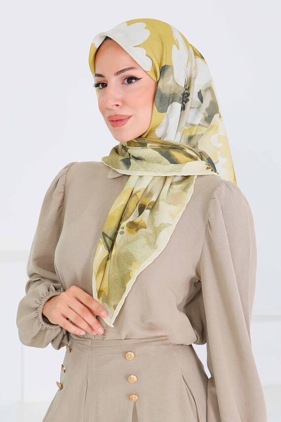 Desenli Bambu Şal Yağ Yeşili - 27522 - 1