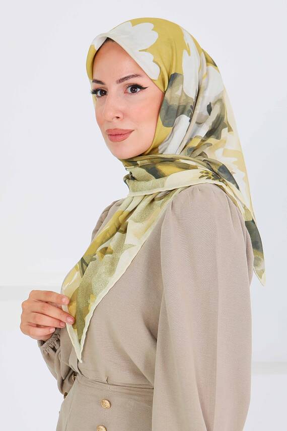 Desenli Bambu Şal Yağ Yeşili - 27522 - 3