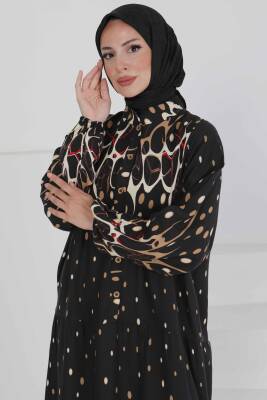 Desenli Düğmeli Elbise Bej - 27493 - 2