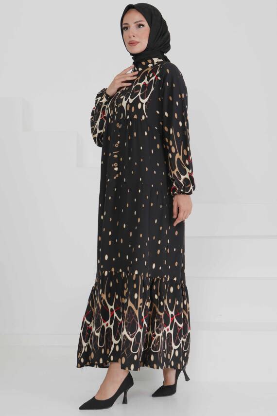Desenli Düğmeli Elbise Bej - 27493 - 3