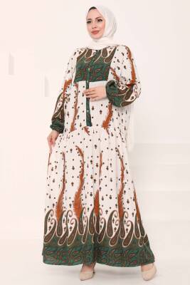 Desenli Düğmeli Elbise Haki - 27040 - 4