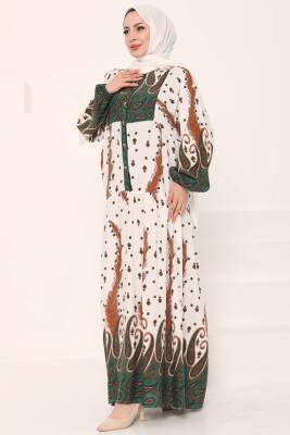 Desenli Düğmeli Elbise Haki - 27040 - 7