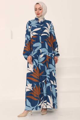 Desenli Düğmeli Elbise Indigo - 27041 