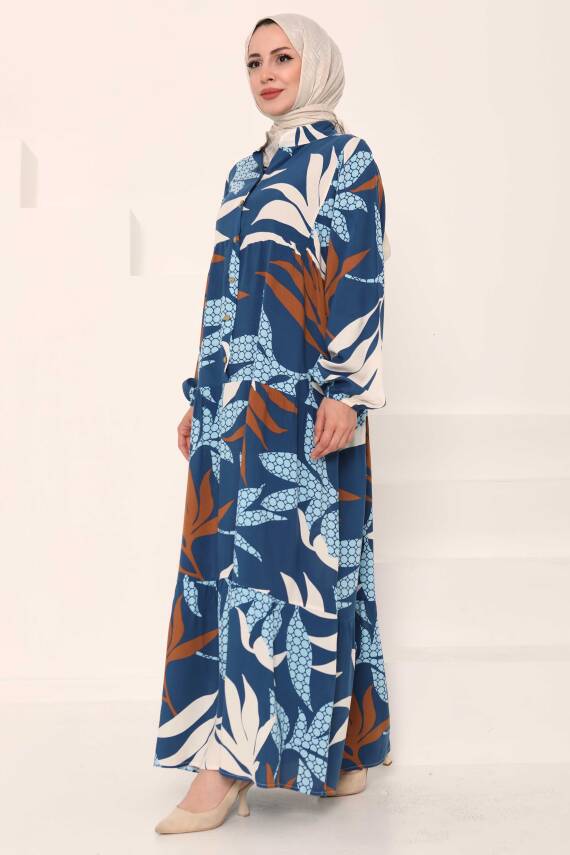 Desenli Düğmeli Elbise Indigo - 27041 - 2