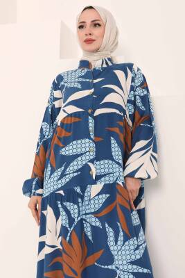 Desenli Düğmeli Elbise Indigo - 27041 - 3