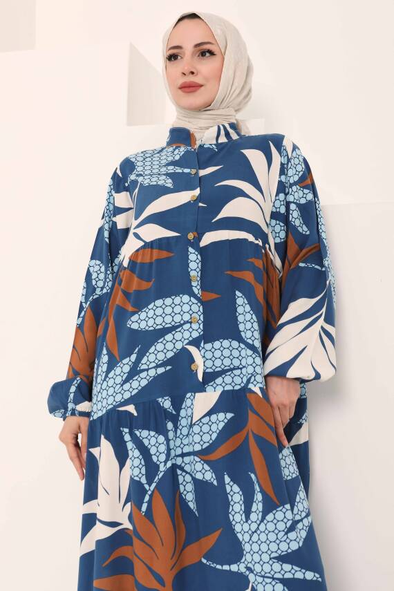 Desenli Düğmeli Elbise Indigo - 27041 - 3