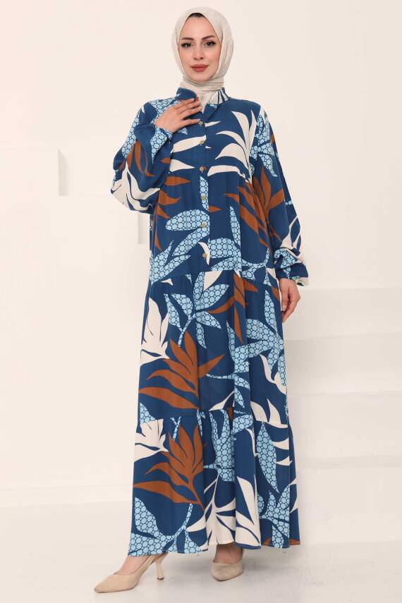 Desenli Düğmeli Elbise Indigo - 27041 - 4