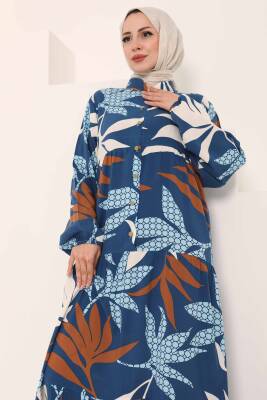 Desenli Düğmeli Elbise Indigo - 27041 - 5