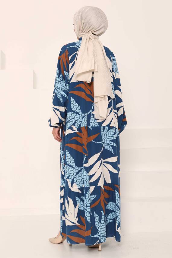 Desenli Düğmeli Elbise Indigo - 27041 - 6