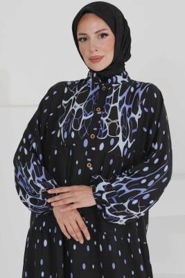 Desenli Düğmeli Elbise Mavi - 27493 - 2
