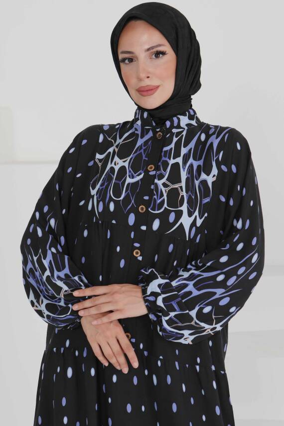 Desenli Düğmeli Elbise Mavi - 27493 - 2
