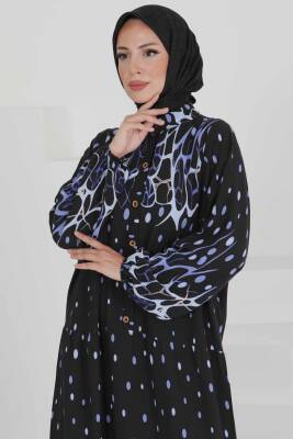 Desenli Düğmeli Elbise Mavi - 27493 - 3