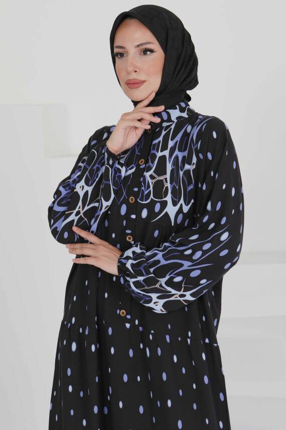 Desenli Düğmeli Elbise Mavi - 27493 - 3