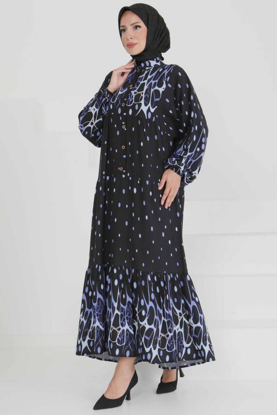 Desenli Düğmeli Elbise Mavi - 27493 - 4