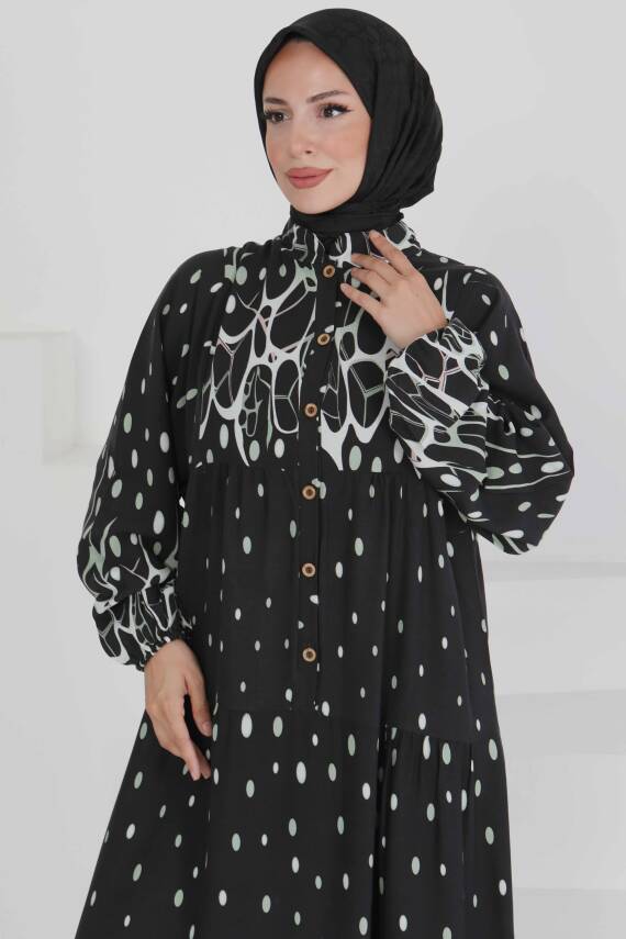 Desenli Düğmeli Elbise Mint - 27493 - 1