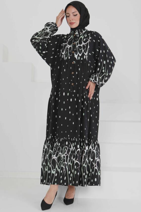 Desenli Düğmeli Elbise Mint - 27493 - 2