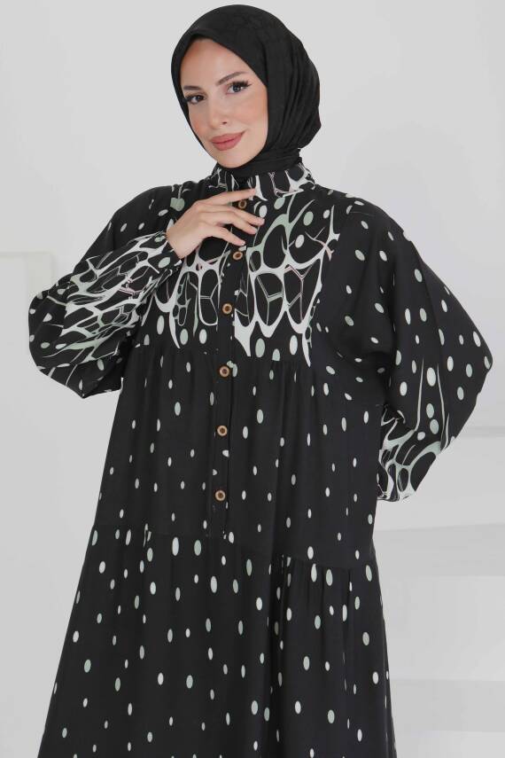 Desenli Düğmeli Elbise Mint - 27493 - 3