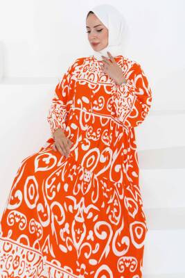 Desenli Düğmeli Elbise Oranj - 27428 