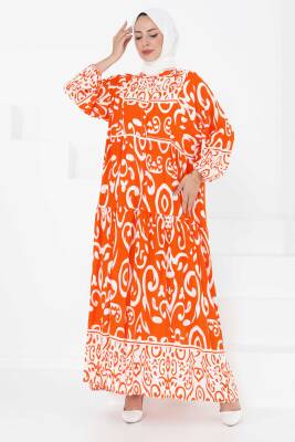 Desenli Düğmeli Elbise Oranj - 27428 - 2
