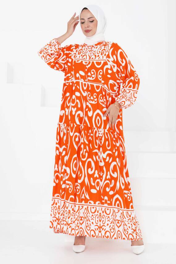 Desenli Düğmeli Elbise Oranj - 27428 - 2