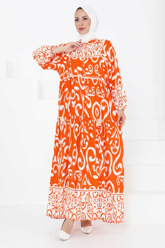 Desenli Düğmeli Elbise Oranj - 27428 - 3