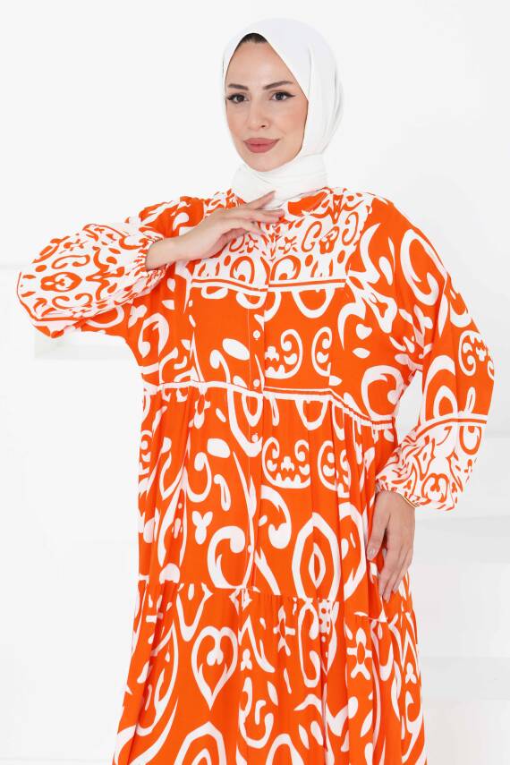 Desenli Düğmeli Elbise Oranj - 27428 - 4