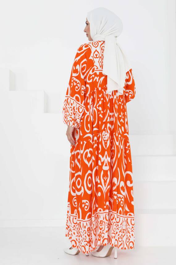 Desenli Düğmeli Elbise Oranj - 27428 - 5
