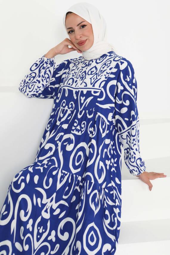 Desenli Düğmeli Elbise Saks - 27428 - 1