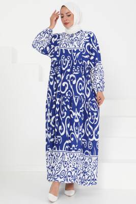 Desenli Düğmeli Elbise Saks - 27428 - 2