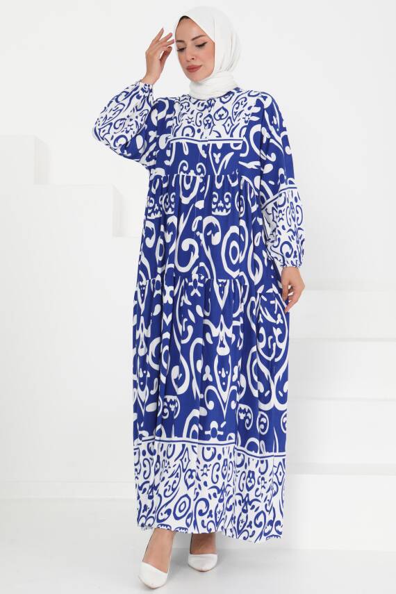 Desenli Düğmeli Elbise Saks - 27428 - 2