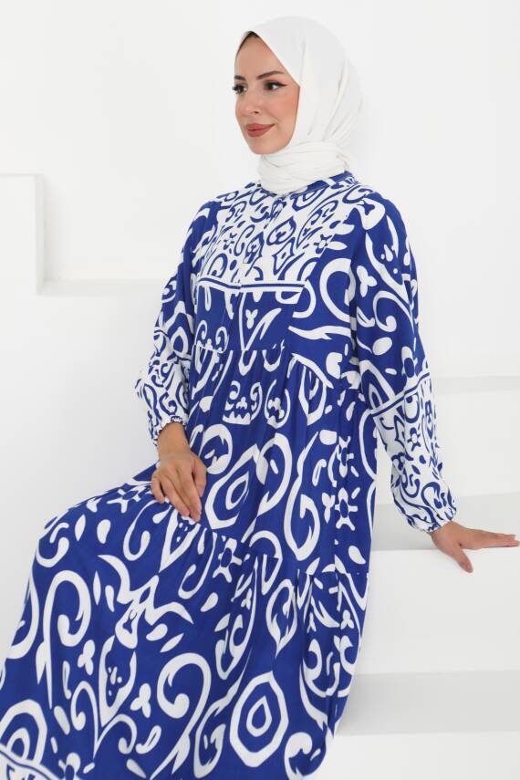 Desenli Düğmeli Elbise Saks - 27428 - 3