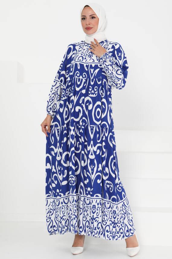 Desenli Düğmeli Elbise Saks - 27428 - 4